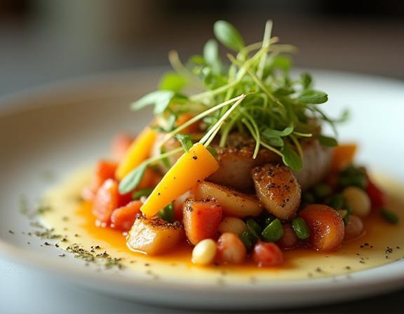 Primo piano di un piatto gourmet preparato per un servizio di catering.