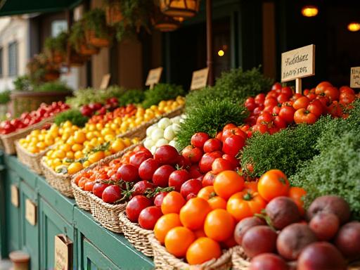 Banco del mercato con frutta e verdura fresca di stagione.
